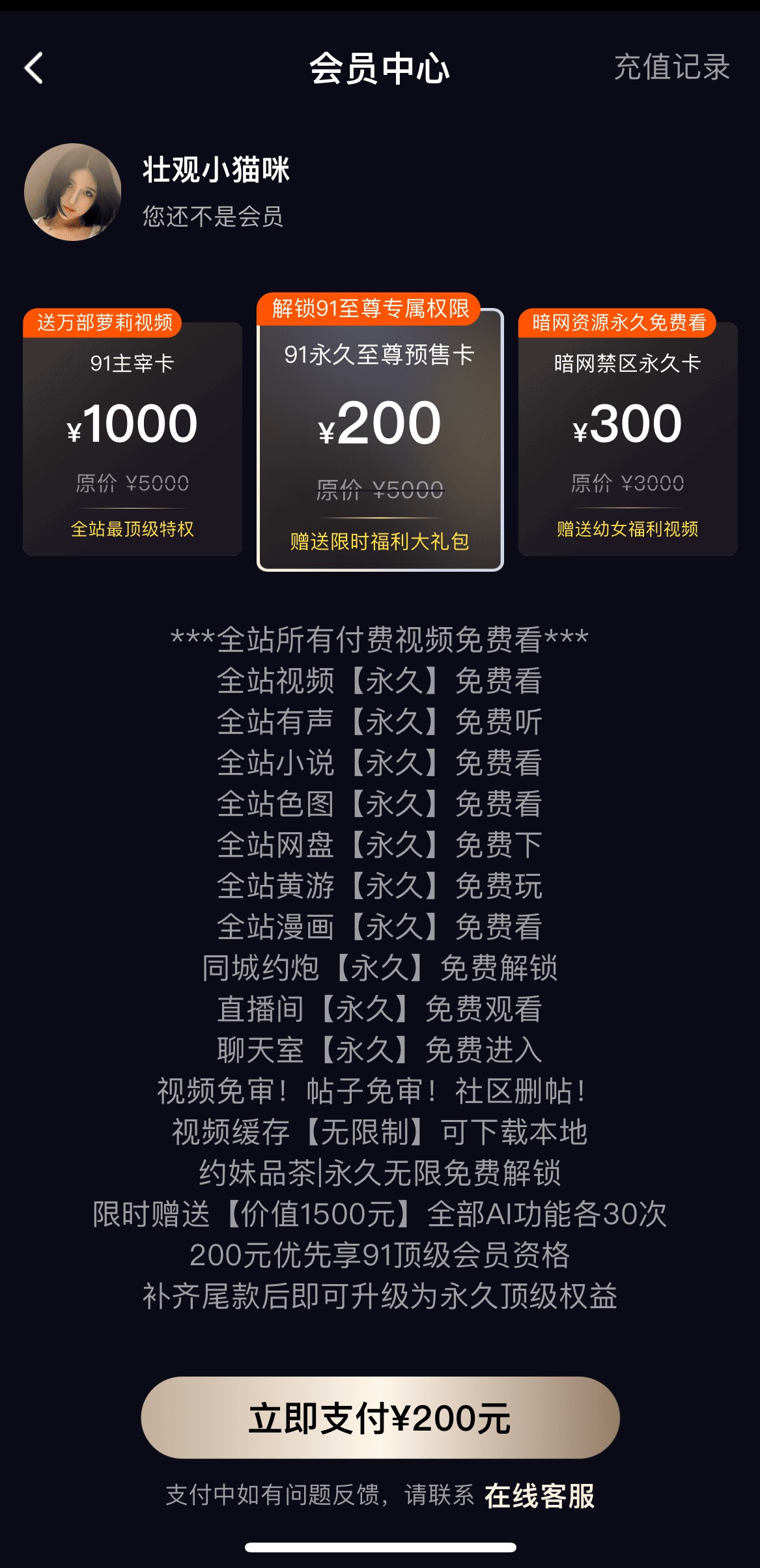 91POAPP会员开通页面VIP套餐权益说明与支付入口